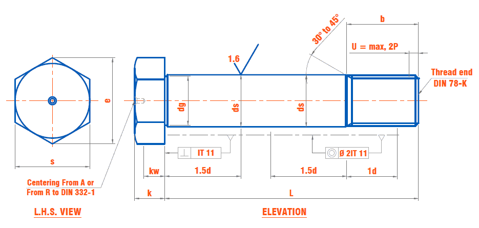 DIN 609 - Hexagonal fit bolts with long thread Standard Dimensions, Technical Data and Size Chart Data Table
